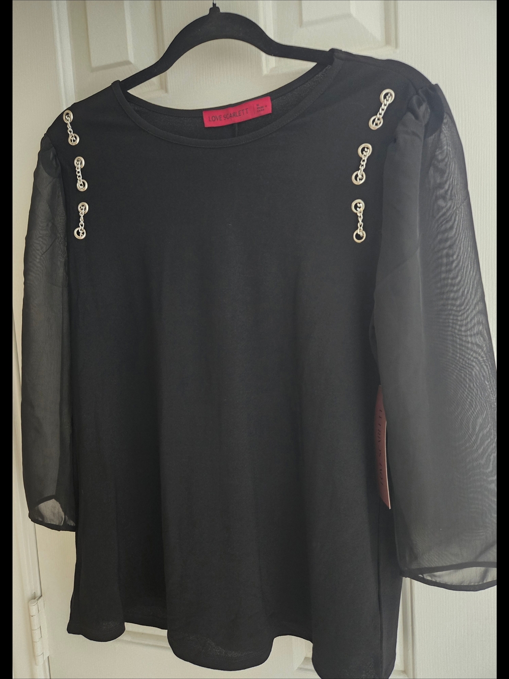 Love Scarlett Black Blouse Silver Chain Details Sheer Sleeves 3/4 Med NWOT